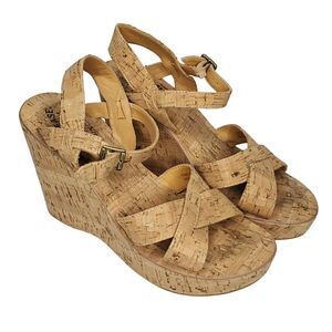 Kork Ease Ava Cork Leather Platform Wedge Sandal 9 Criss Cross Tan Brown